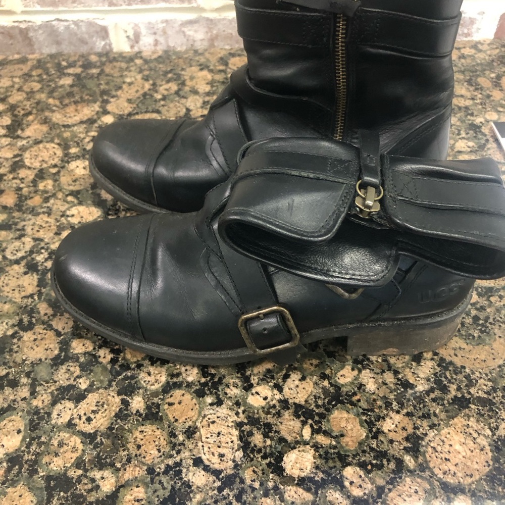 UGG Black Leather Combat Moto Boots with Buckle and Side Zipper